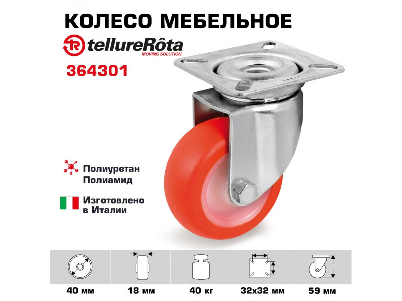 Колесо Tellure Rota 364301 поворотное, Ø 40 мм, нагрузка 40 кг, термопластичный полиуретан, полиамид