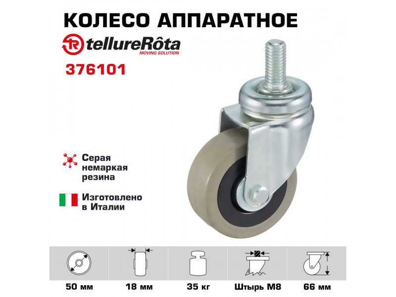 Колесо аппаратное Tellure Rota 376101 поворотное, Ø 50 мм, нагрузка 35 кг, серая резина, полипропилен, штырь с резьбой M8