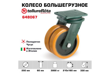 Колесо большегрузное полиуретановое поворотное Tellure Rota 648067 диаметр 250 мм, нагрузка 3000 кг, чугунное